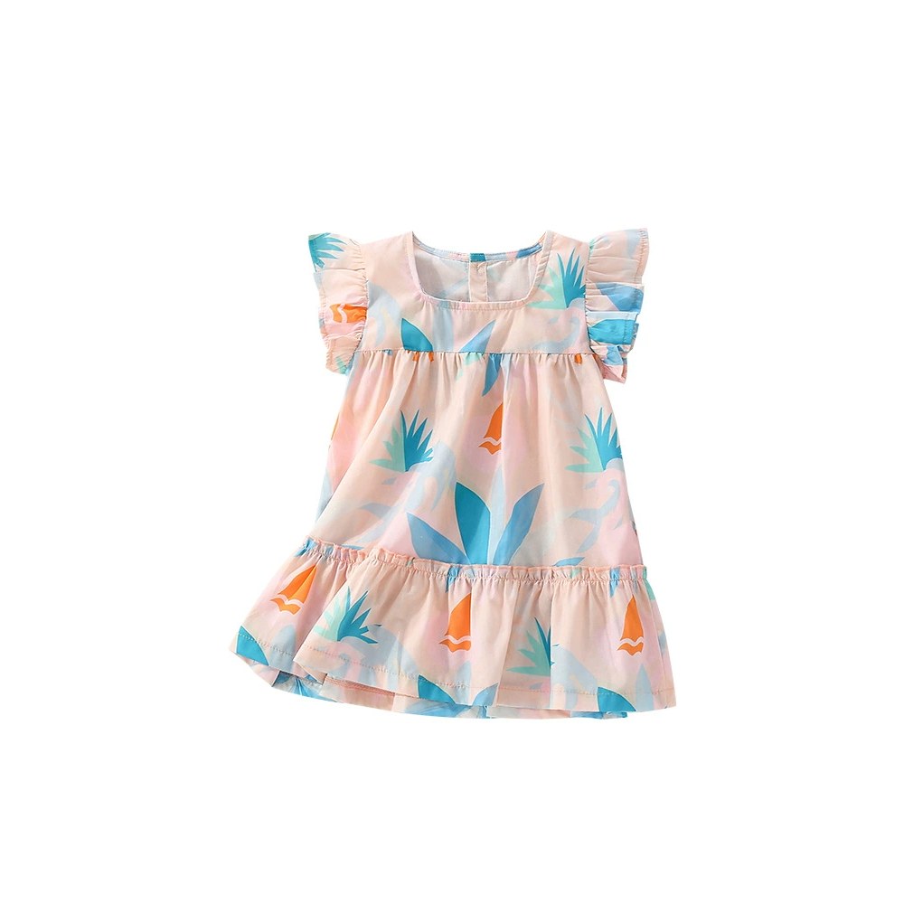 Plant and Leaves Pattern Fly Sleeves Square Neck Dress for Stylish Girls