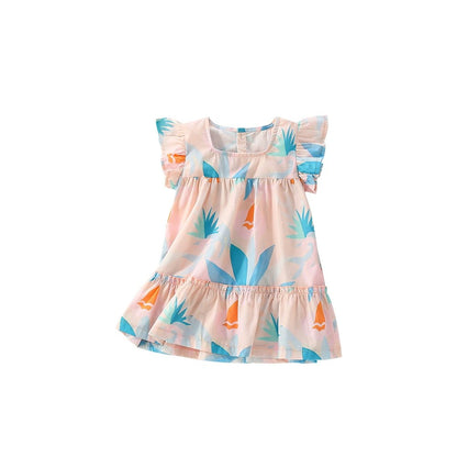 Plant and Leaves Pattern Fly Sleeves Square Neck Dress for Stylish Girls