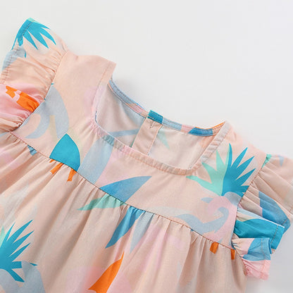 Plant and Leaves Pattern Fly Sleeves Square Neck Dress for Stylish Girls