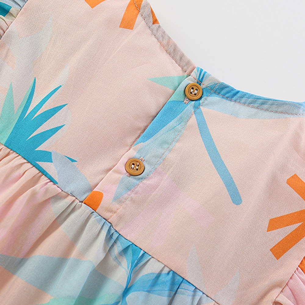 Plant and Leaves Pattern Fly Sleeves Square Neck Dress for Stylish Girls