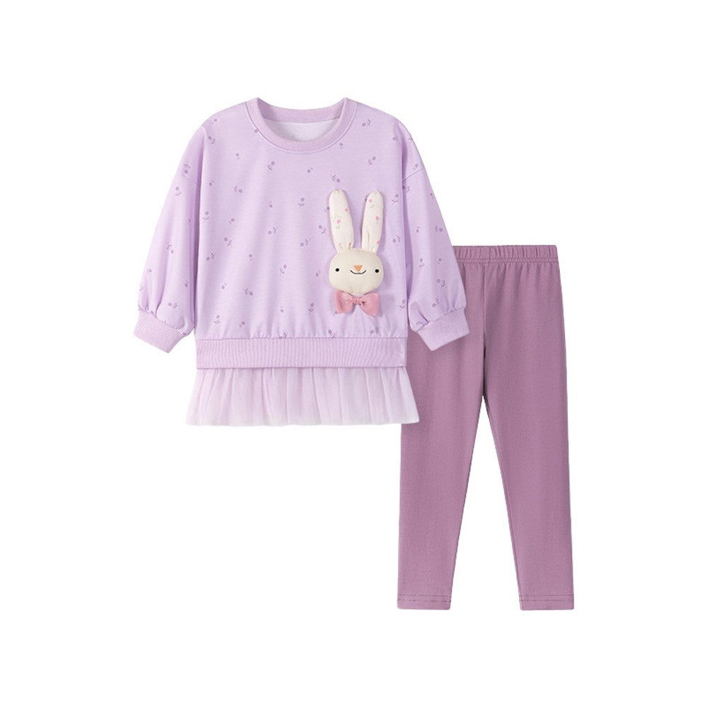 Girls Cute Rabbit and Flowers Pattern Long Sleeves Sweatshirt and Pants 2-piece Clothing Set