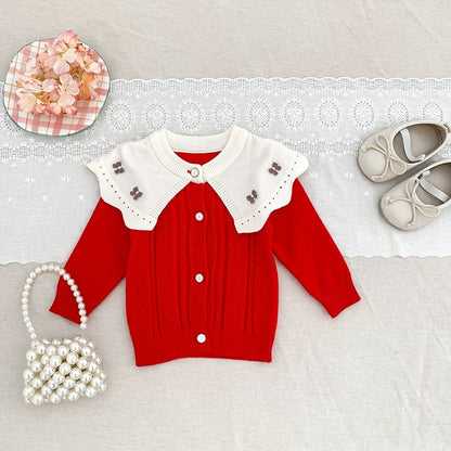 Baby Girls Comfortable Butterfly Decorated Knitted Jacquard Long Sleeves Cardigan