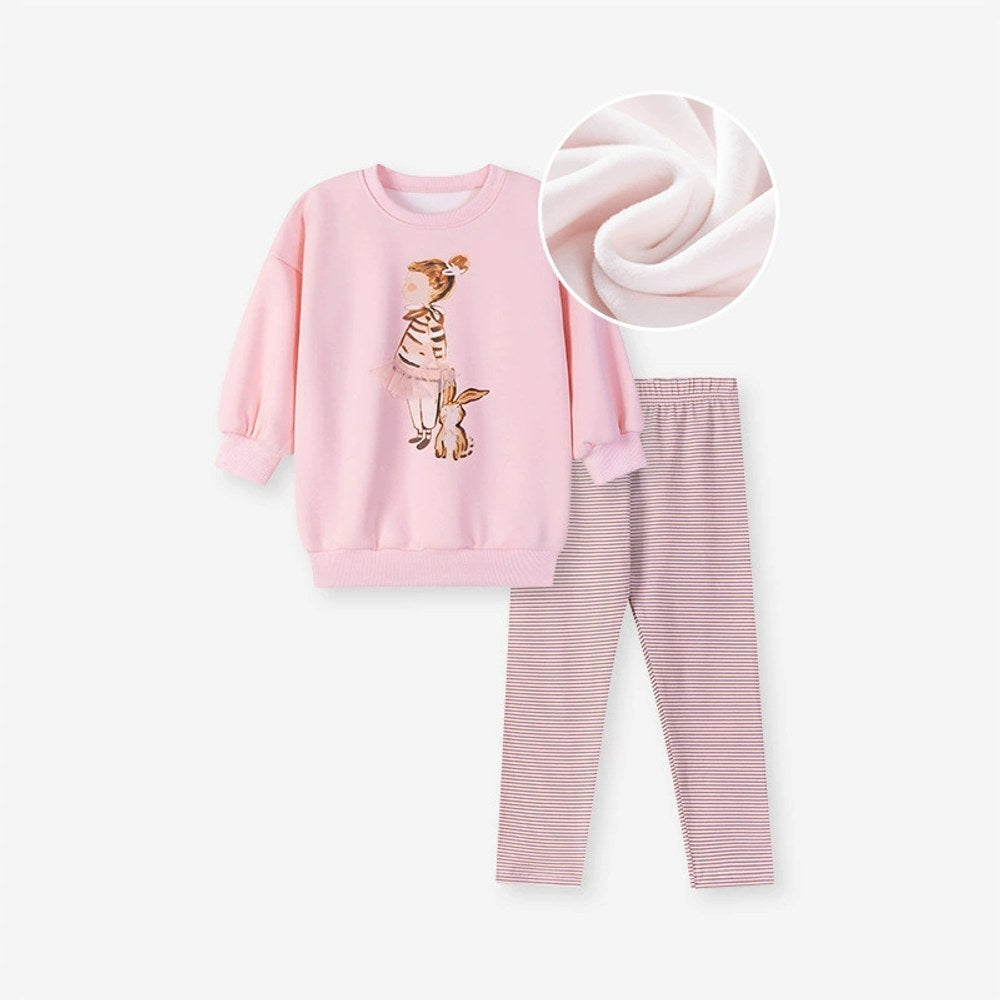 Girls Cartoon Pattern Long Sleeves Pullover and Striped Pants 2-piece Clothing Set