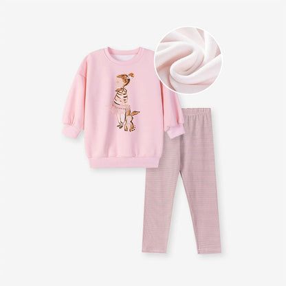 Girls Cartoon Pattern Long Sleeves Pullover and Striped Pants 2-piece Clothing Set