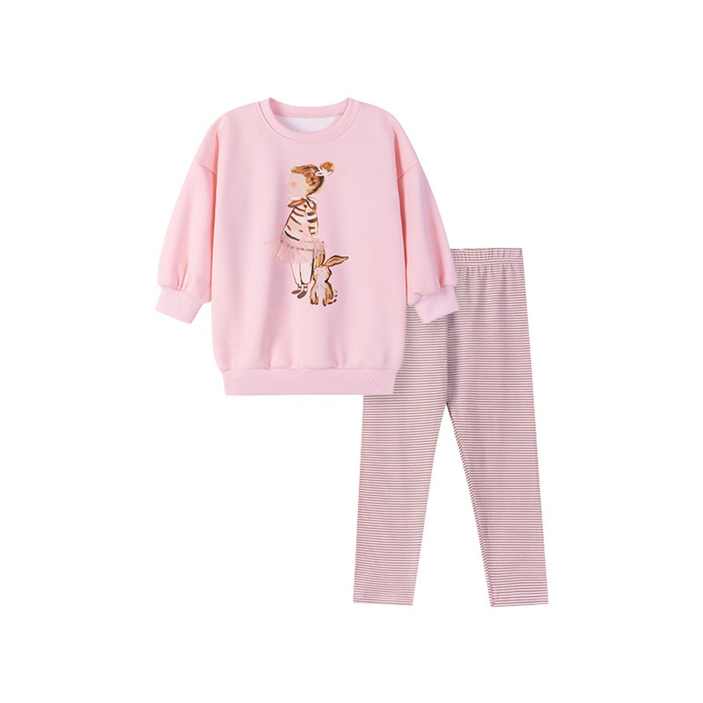 Girls Cartoon Pattern Long Sleeves Pullover and Striped Pants 2-piece Clothing Set