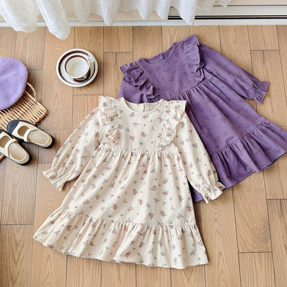 Baby Kids Girls Flowers Printed Pattern Long Sleeves Crew Neck Dress