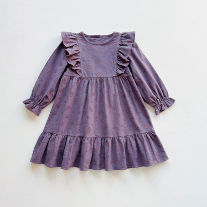 Baby Kids Girls Flowers Printed Pattern Long Sleeves Crew Neck Dress
