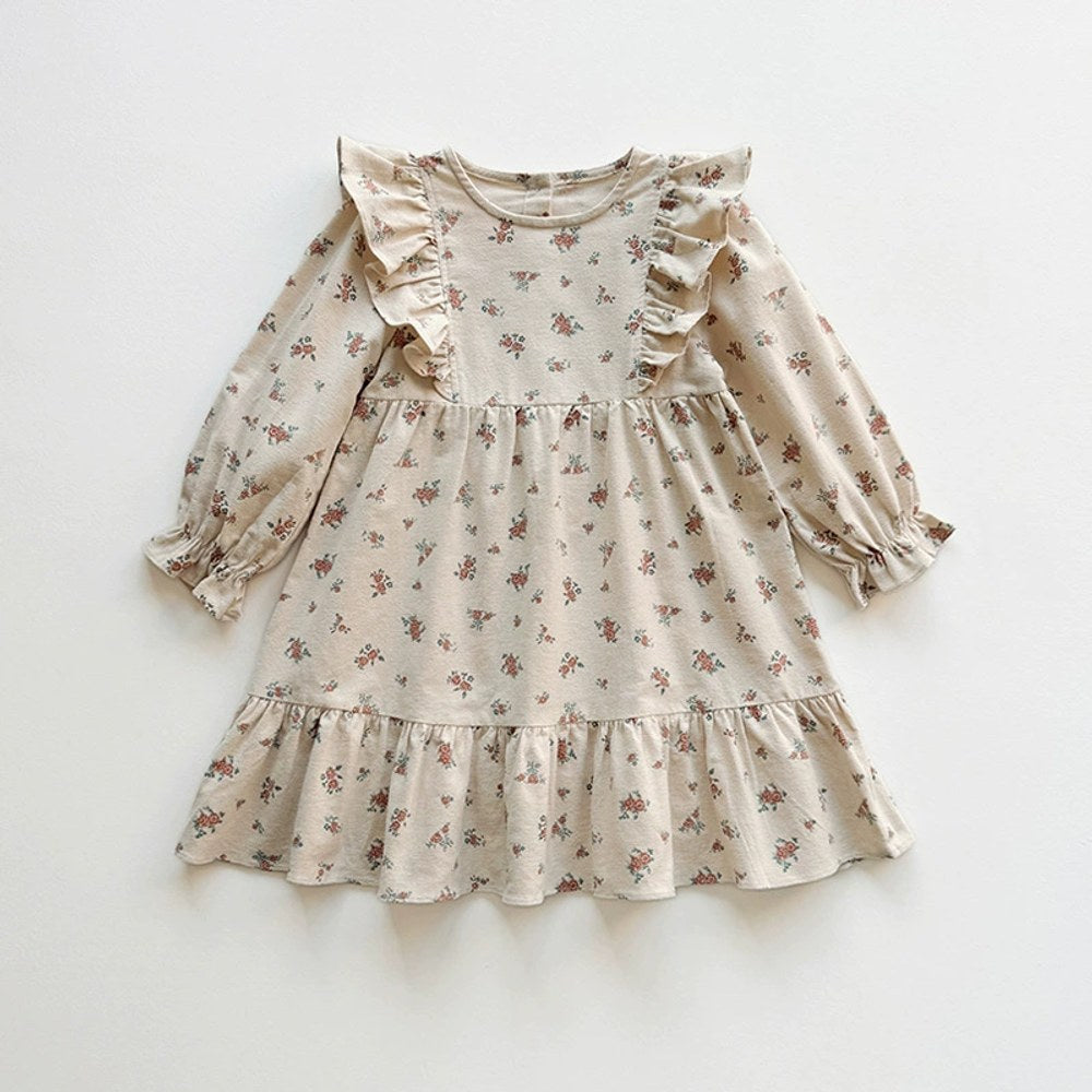 Baby Kids Girls Flowers Printed Pattern Long Sleeves Crew Neck Dress