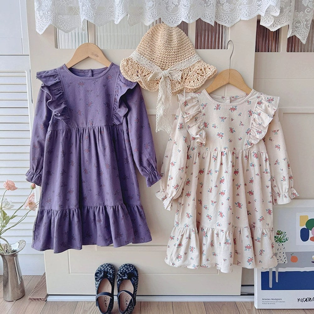 Baby Kids Girls Flowers Printed Pattern Long Sleeves Crew Neck Dress