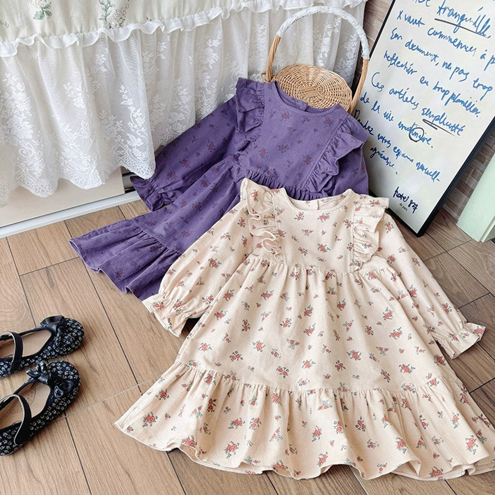 Baby Kids Girls Flowers Printed Pattern Long Sleeves Crew Neck Dress