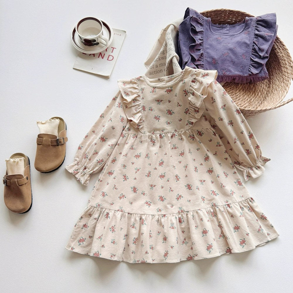 Baby Kids Girls Flowers Printed Pattern Long Sleeves Crew Neck Dress