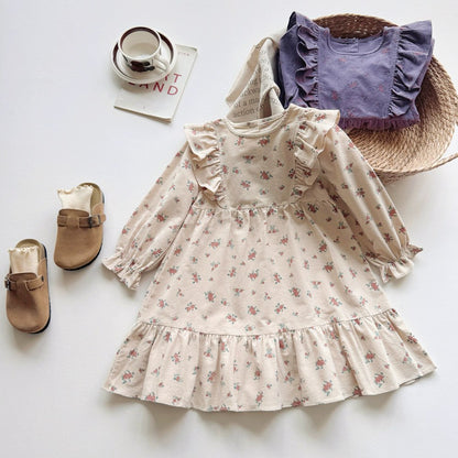 Baby Kids Girls Flowers Printed Pattern Long Sleeves Crew Neck Dress