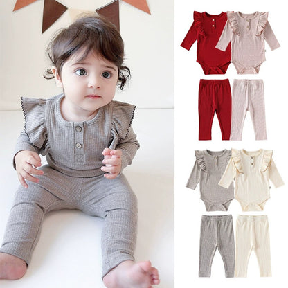 Baby Unisex Long Sleeves Casual Plain Crew Neck Bodysuit and Pants 2-piece Clothing Sets