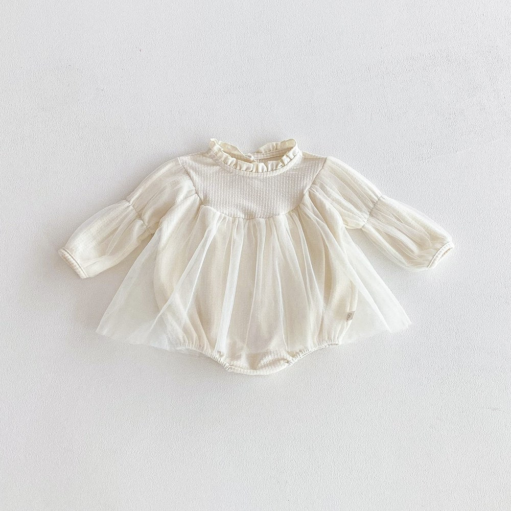 Baby Girls Long Sleeves Tulle Patchwork Solid Color Bodysuit