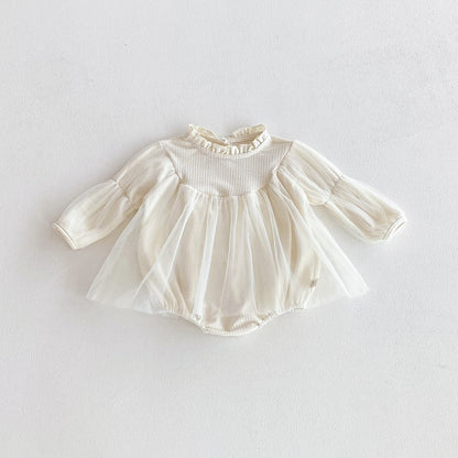 Baby Girls Long Sleeves Tulle Patchwork Solid Color Bodysuit