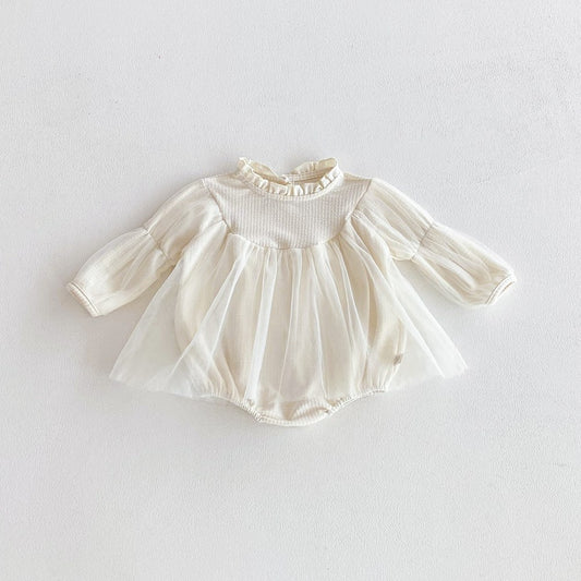 Baby Girls Long Sleeves Tulle Patchwork Solid Color Bodysuit