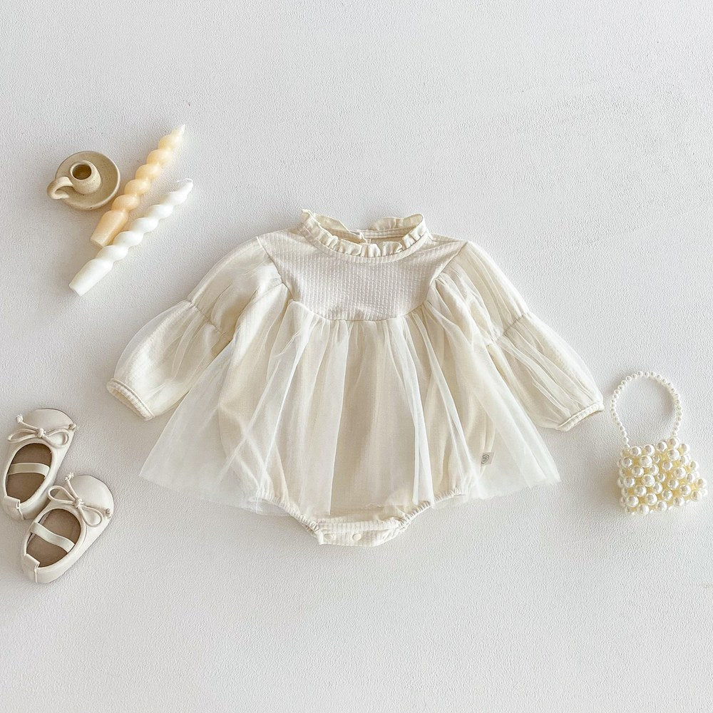 Baby Girls Long Sleeves Tulle Patchwork Solid Color Bodysuit