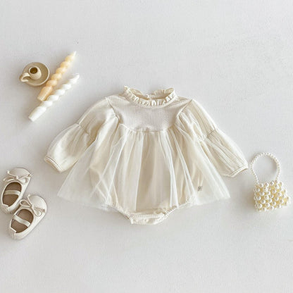 Baby Girls Long Sleeves Tulle Patchwork Solid Color Bodysuit