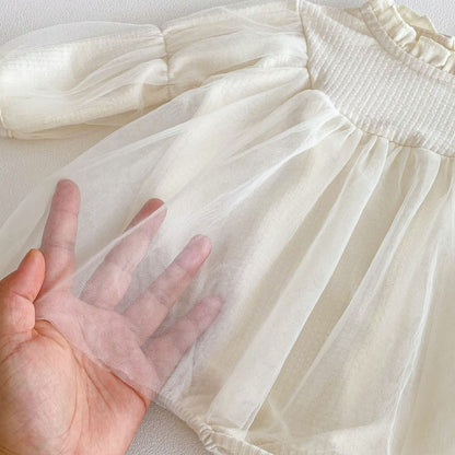 Baby Girls Long Sleeves Tulle Patchwork Solid Color Bodysuit