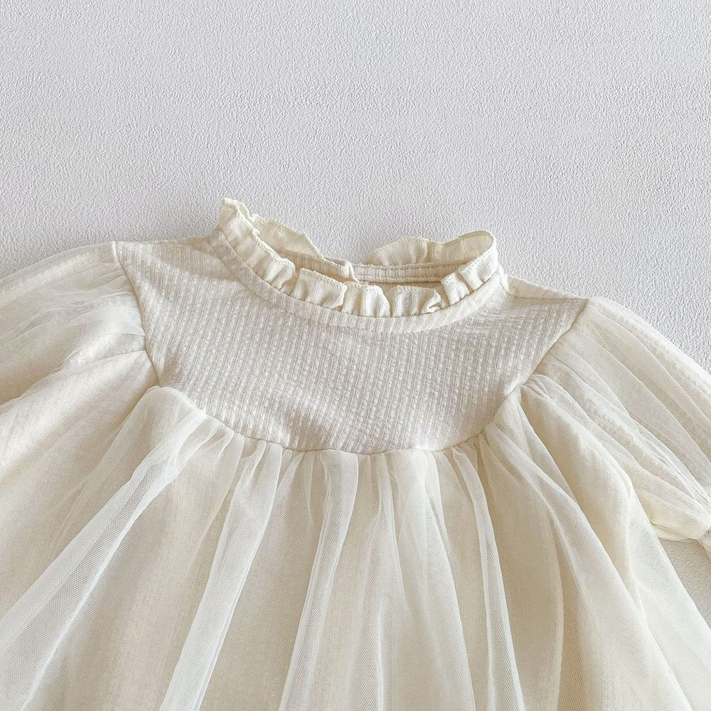 Baby Girls Long Sleeves Tulle Patchwork Solid Color Bodysuit