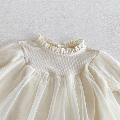 Baby Girls Long Sleeves Tulle Patchwork Solid Color Bodysuit