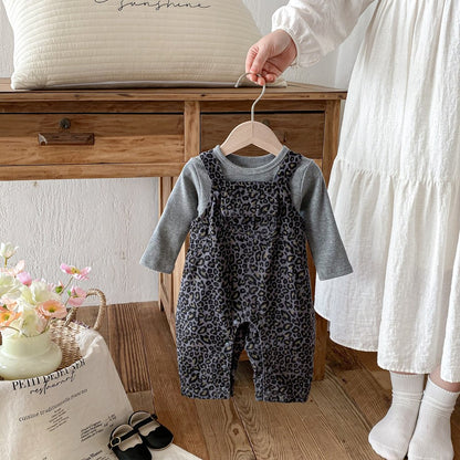 Baby Kids Unisex Long Sleeves Plain Grey Top and Leopard Sleeveless Overalls 2-piece Clothing Set