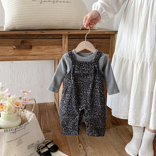 Baby Kids Unisex Long Sleeves Plain Grey Top and Leopard Sleeveless Overalls 2-piece Clothing Set