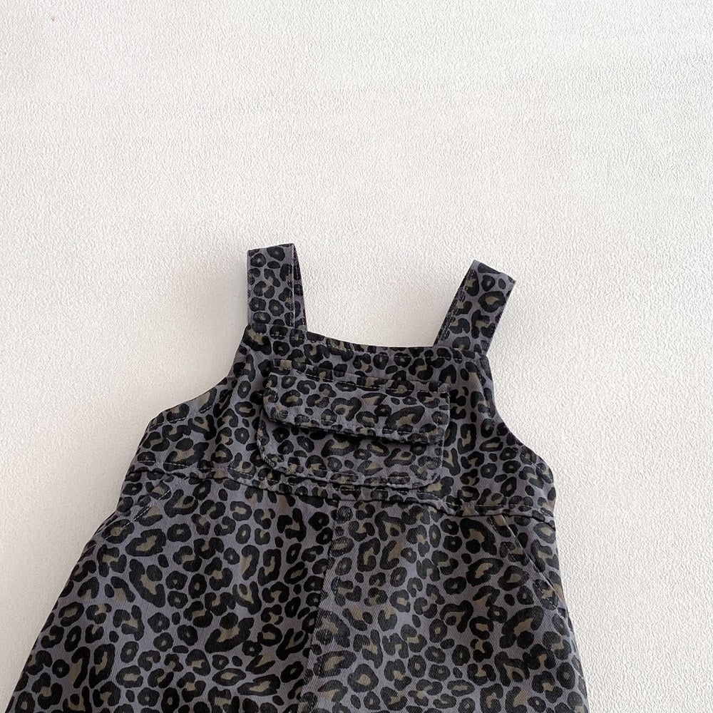 Baby Kids Unisex Long Sleeves Plain Grey Top and Leopard Sleeveless Overalls 2-piece Clothing Set