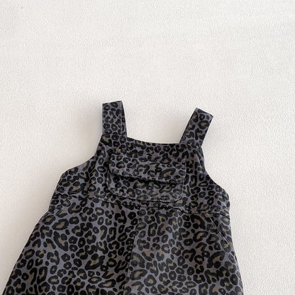 Baby Kids Unisex Long Sleeves Plain Grey Top and Leopard Sleeveless Overalls 2-piece Clothing Set