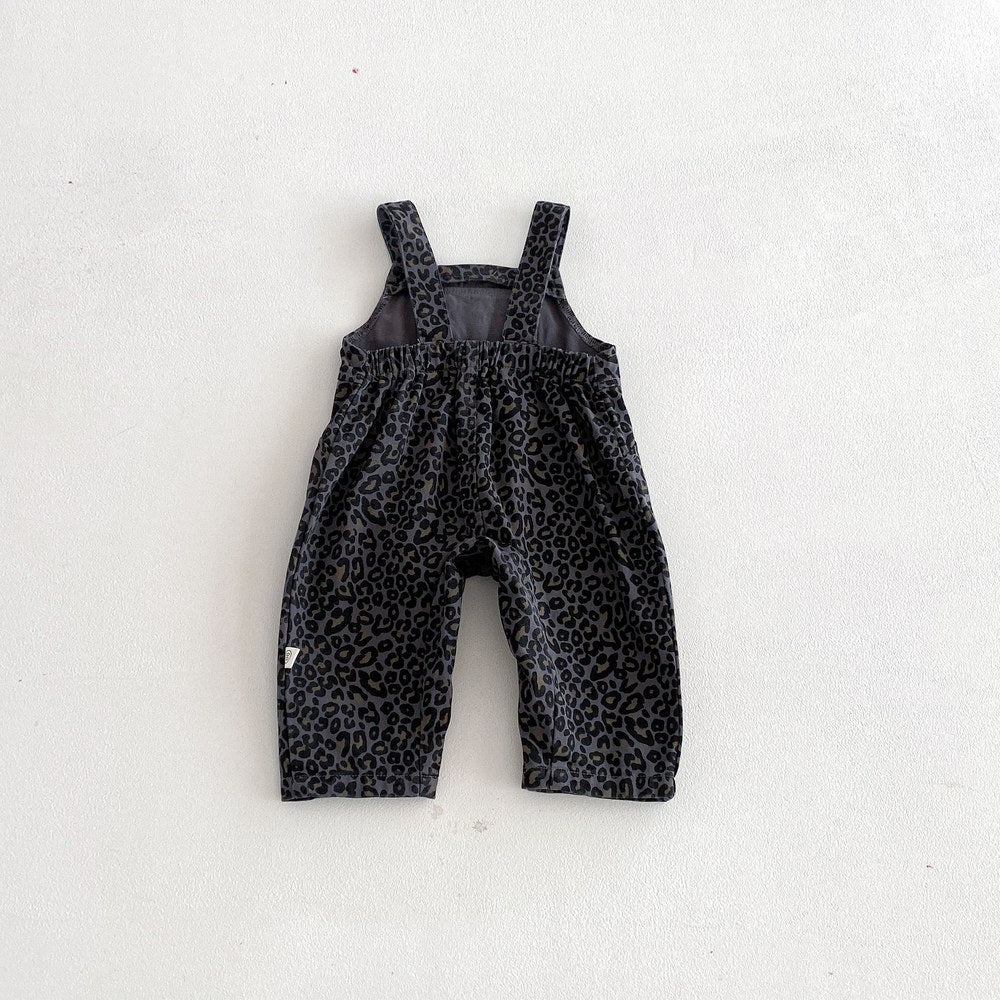 Baby Kids Unisex Long Sleeves Plain Grey Top and Leopard Sleeveless Overalls 2-piece Clothing Set