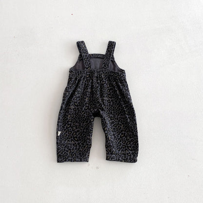 Baby Kids Unisex Long Sleeves Plain Grey Top and Leopard Sleeveless Overalls 2-piece Clothing Set