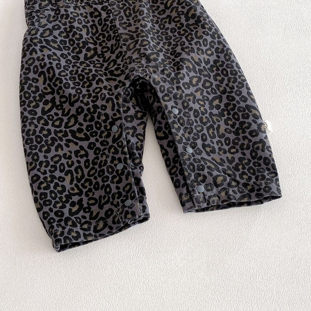 Baby Kids Unisex Long Sleeves Plain Grey Top and Leopard Sleeveless Overalls 2-piece Clothing Set