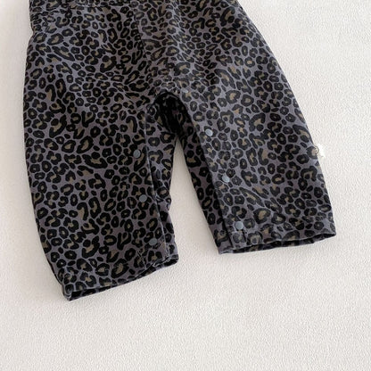 Baby Kids Unisex Long Sleeves Plain Grey Top and Leopard Sleeveless Overalls 2-piece Clothing Set