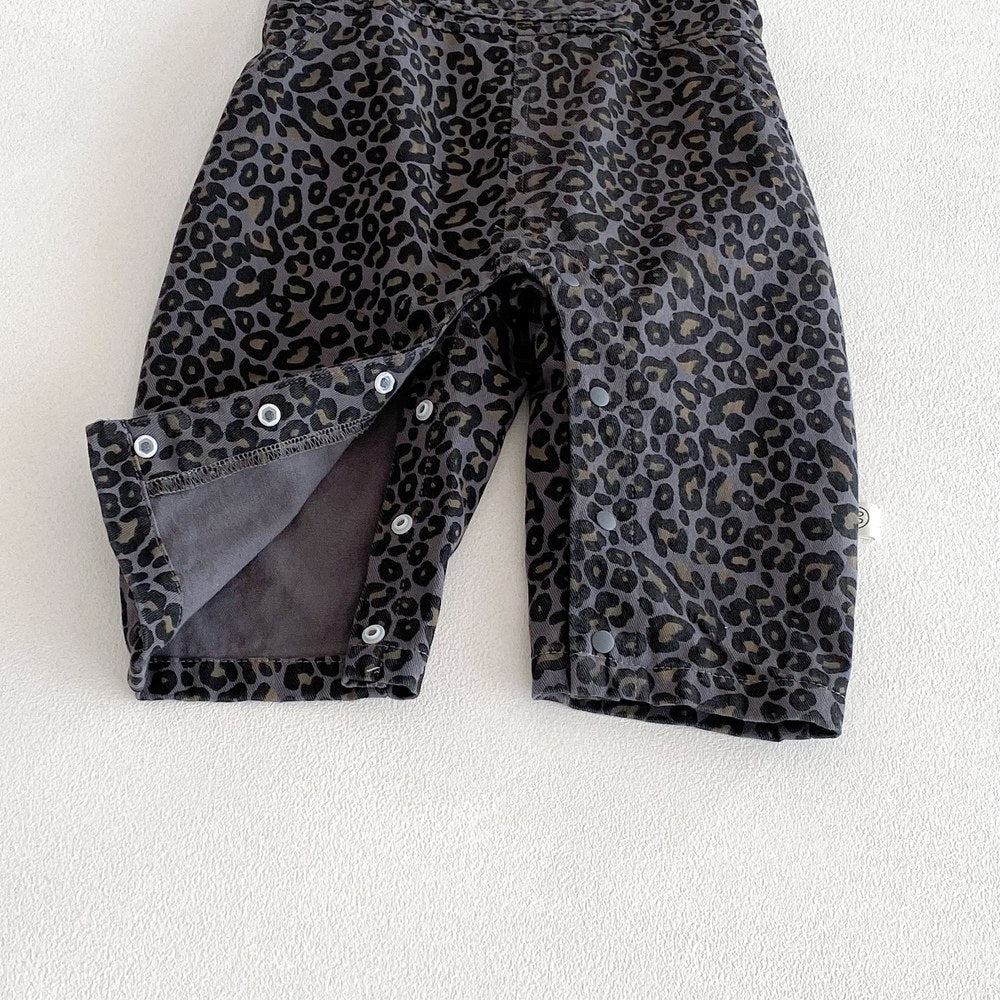 Baby Kids Unisex Long Sleeves Plain Grey Top and Leopard Sleeveless Overalls 2-piece Clothing Set