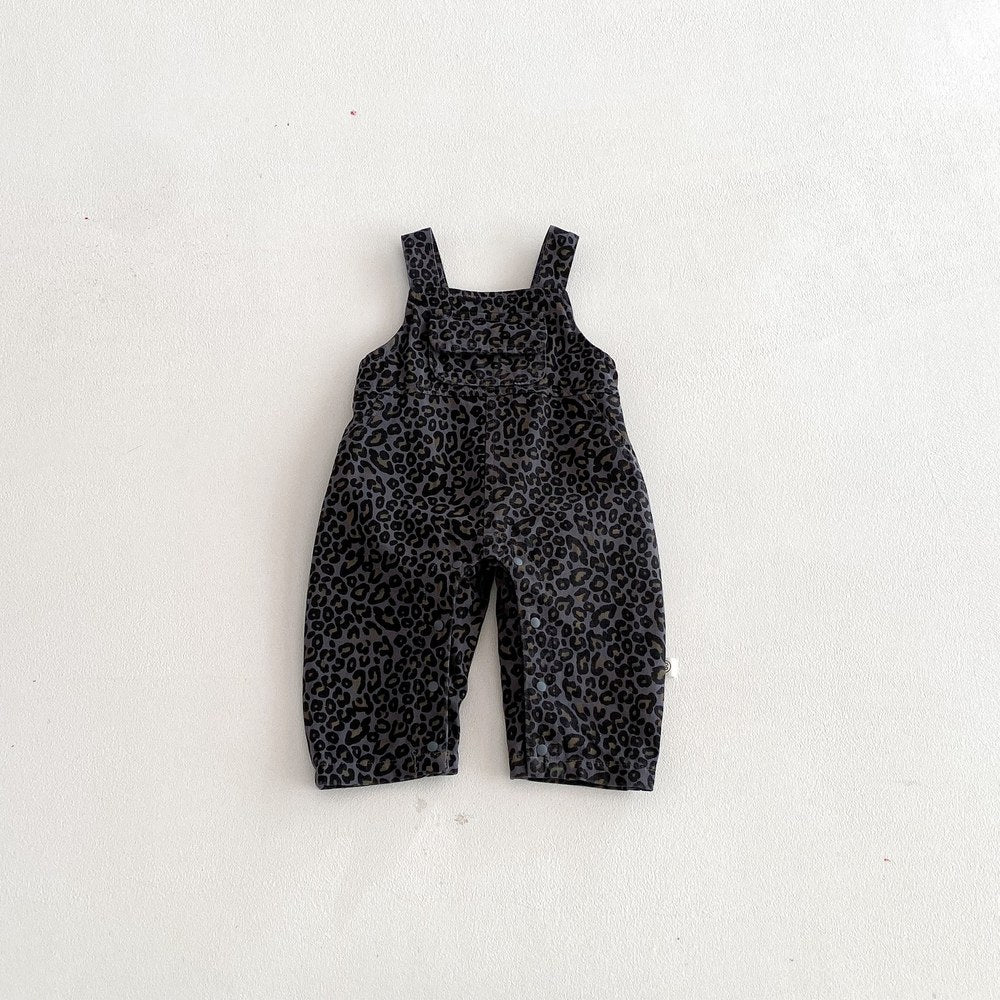 Baby Kids Unisex Long Sleeves Plain Grey Top and Leopard Sleeveless Overalls 2-piece Clothing Set