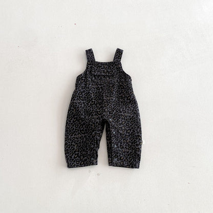 Baby Kids Unisex Long Sleeves Plain Grey Top and Leopard Sleeveless Overalls 2-piece Clothing Set