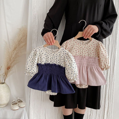 Baby Girls Long Sleeves Cute Floral Color Patchwork Bodysuit