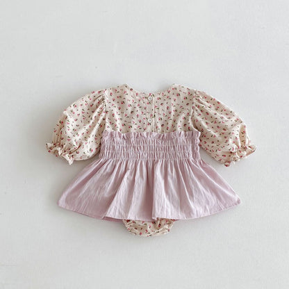 Baby Girls Long Sleeves Cute Floral Color Patchwork Bodysuit