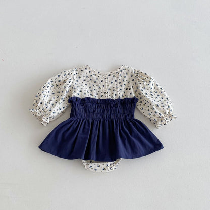 Baby Girls Long Sleeves Cute Floral Color Patchwork Bodysuit
