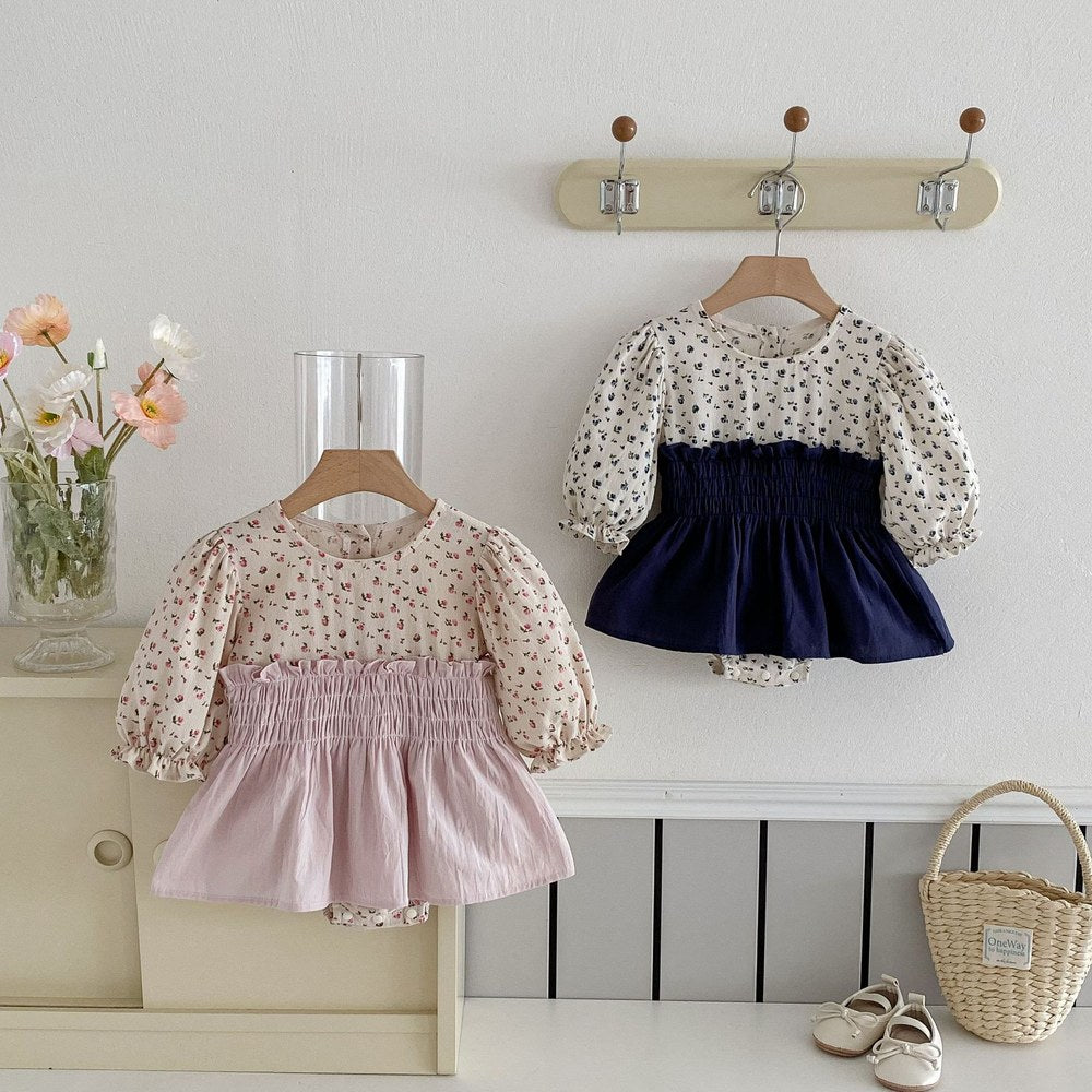 Baby Girls Long Sleeves Cute Floral Color Patchwork Bodysuit