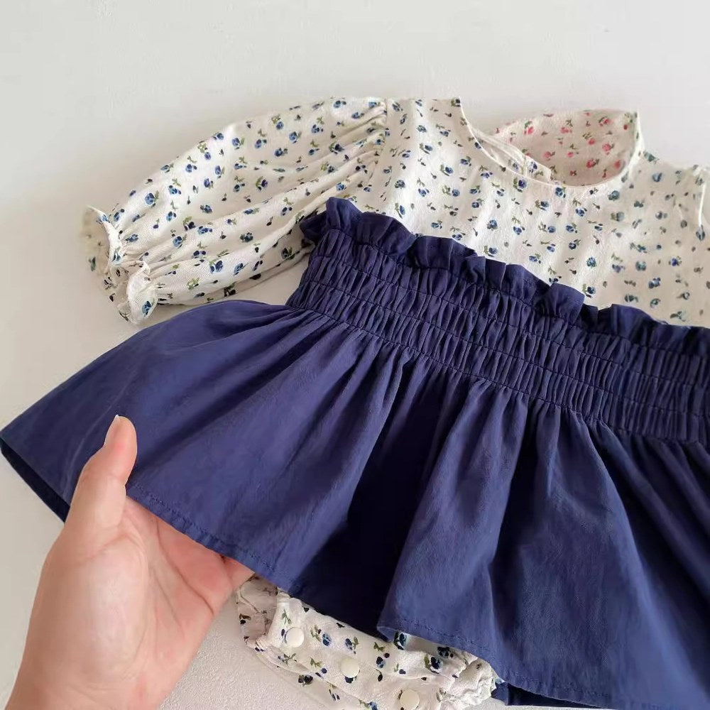 Baby Girls Long Sleeves Cute Floral Color Patchwork Bodysuit