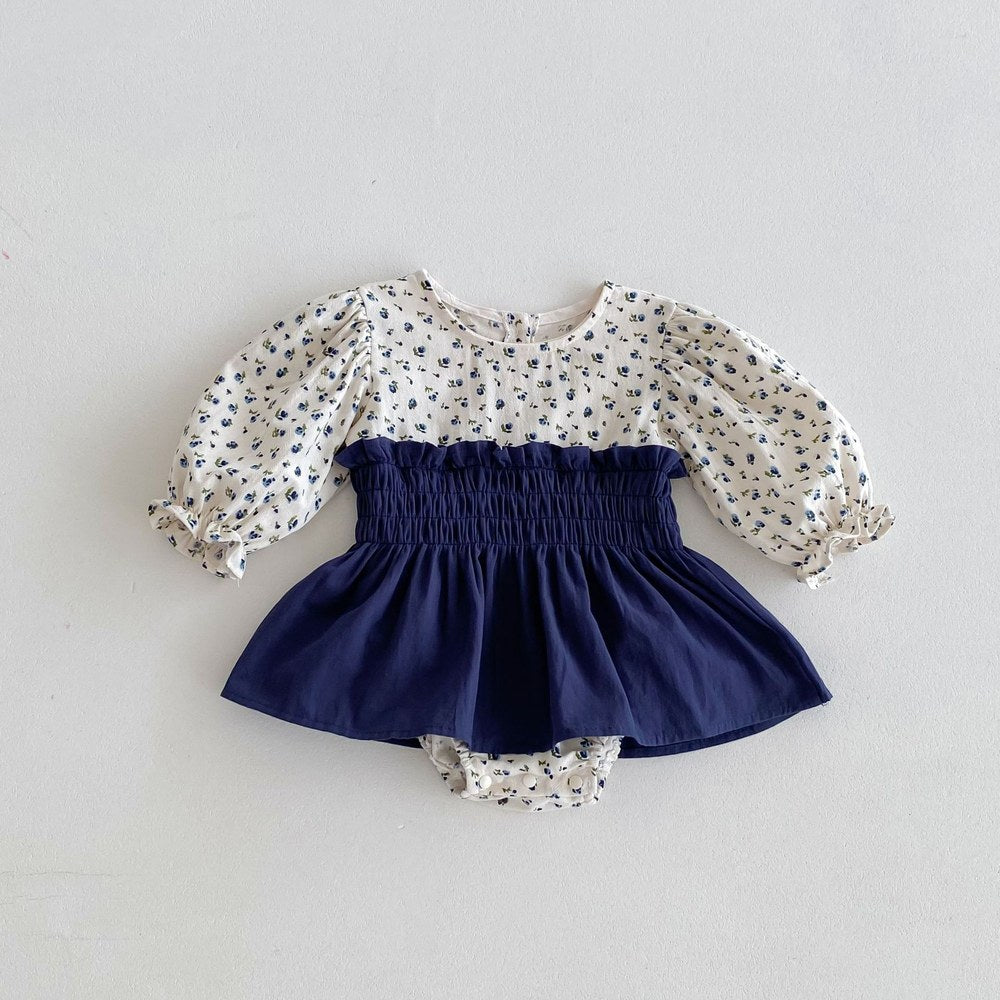 Baby Girls Long Sleeves Cute Floral Color Patchwork Bodysuit
