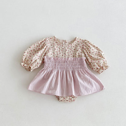 Baby Girls Long Sleeves Cute Floral Color Patchwork Bodysuit