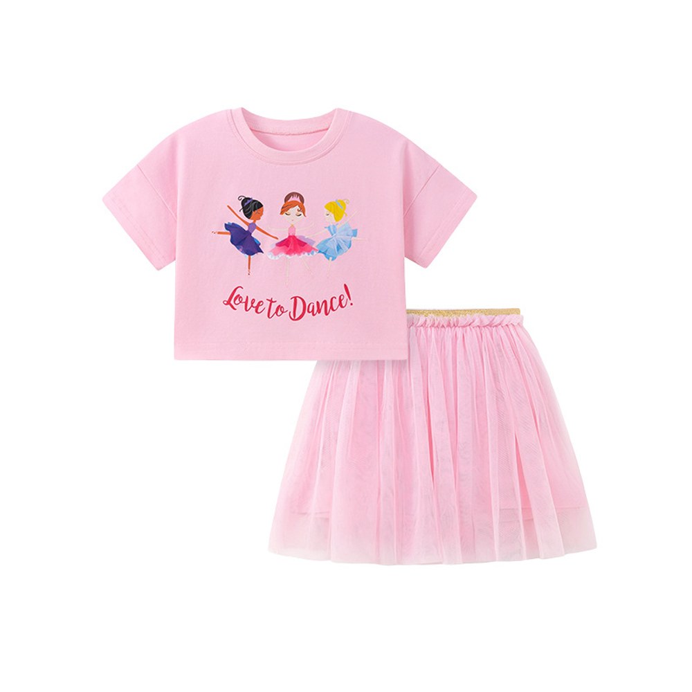Baby Kids Girls Short Sleeves Cartoon Pattern T-shirt and Tulle Skirt 2-Piece Clothing Set