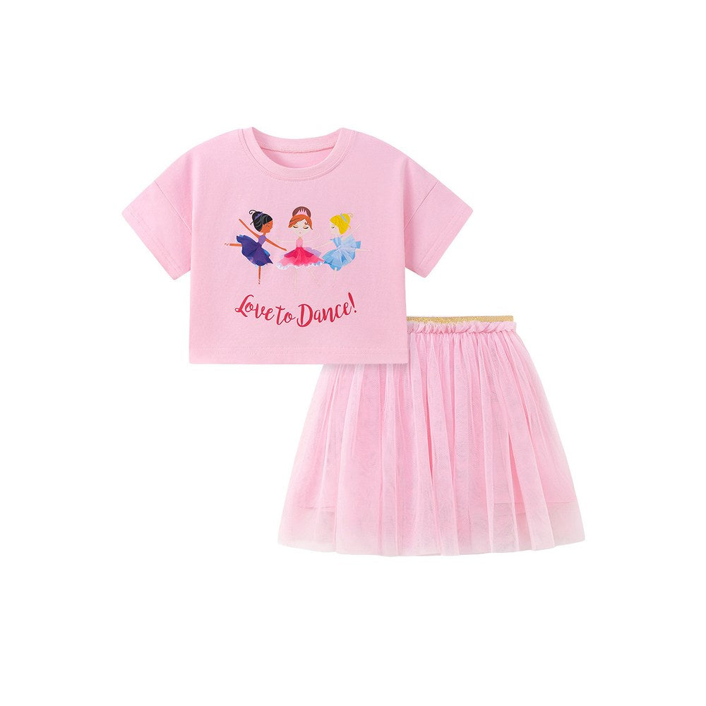 Baby Kids Girls Short Sleeves Cartoon Pattern T-shirt and Tulle Skirt 2-Piece Clothing Set