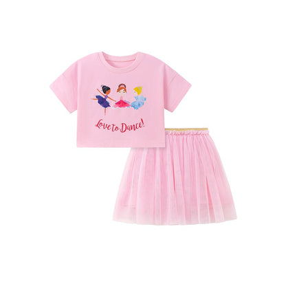 Baby Kids Girls Short Sleeves Cartoon Pattern T-shirt and Tulle Skirt 2-Piece Clothing Set