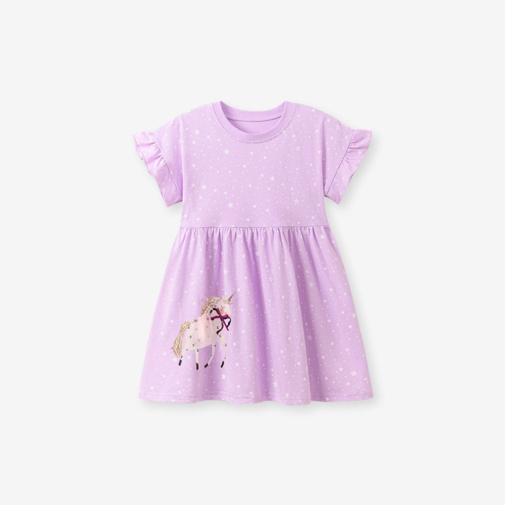 Baby Girls Cute Unicorn and Stars Pattern Short Sleeves Dress