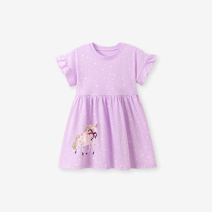 Baby Girls Cute Unicorn and Stars Pattern Short Sleeves Dress
