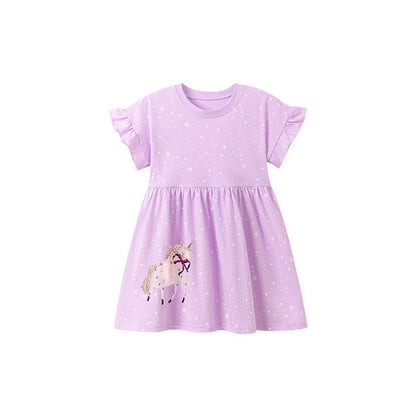 Baby Girls Cute Unicorn and Stars Pattern Short Sleeves Dress