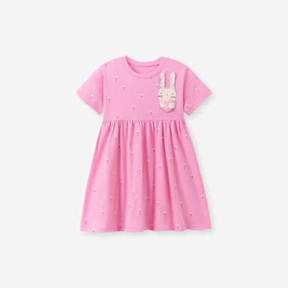 Baby Girls Cute Rabbit and Flowers Pattern Short Sleeves Dress